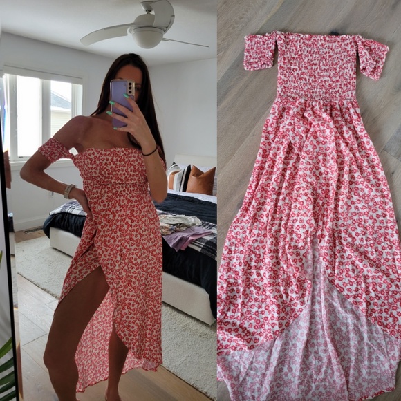 Lulu's Lucy Love Tranquility off shoulder Dress red white floral small - Picture 1 of 1